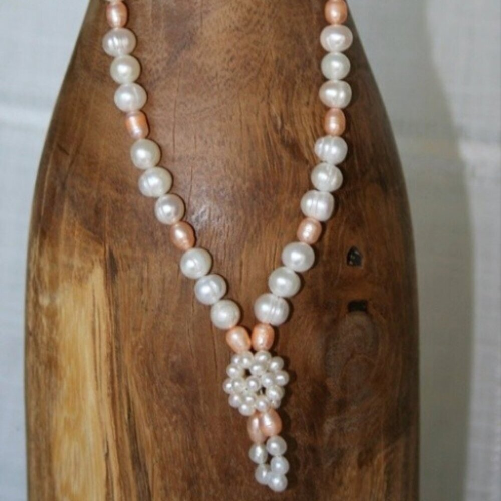 Handmade fresh water pearls necklace white pearls potato shape peach‎ color